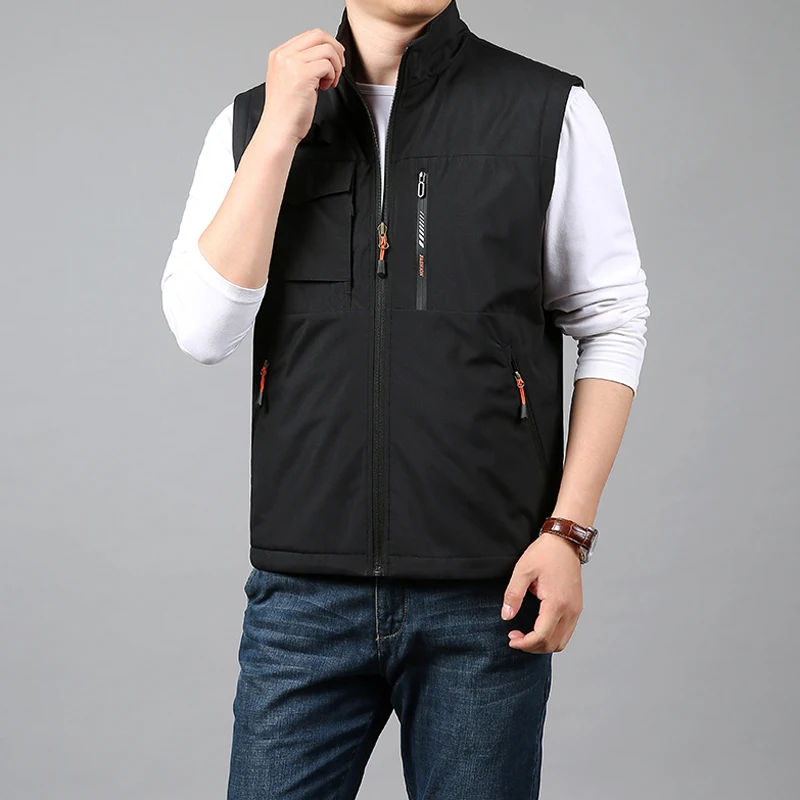 

Autumn and winter double-sided standing collar and velvet vest men's workwear, multi pocket sleeveless camisole jacket