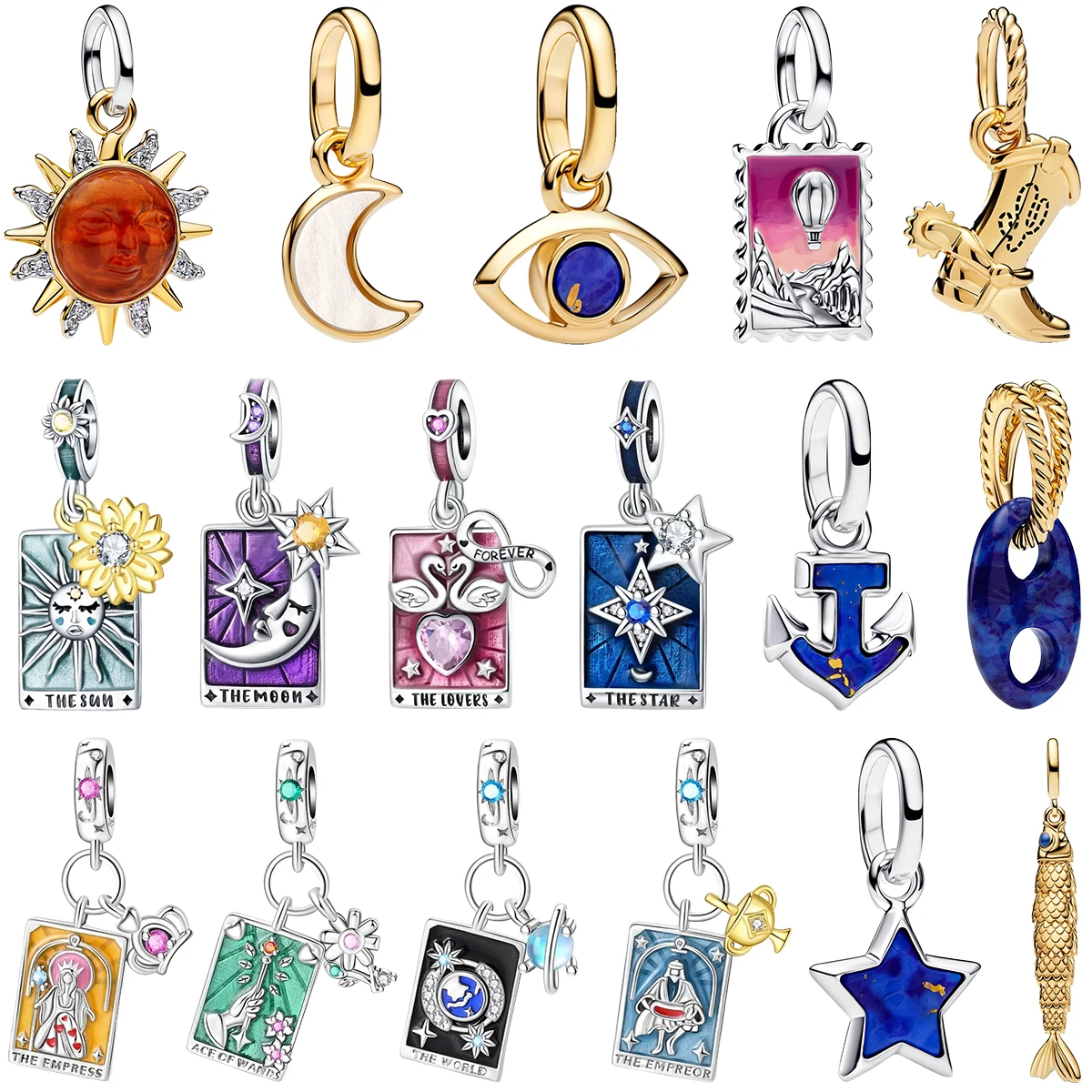 Colgante de Plata de Ley 925 con Diseño de Tarot, Llavero Místico de Sol, Luna, Estrellas y Ojos, Bloque de Fantasía, Joyería Fina DIY para Pulsera