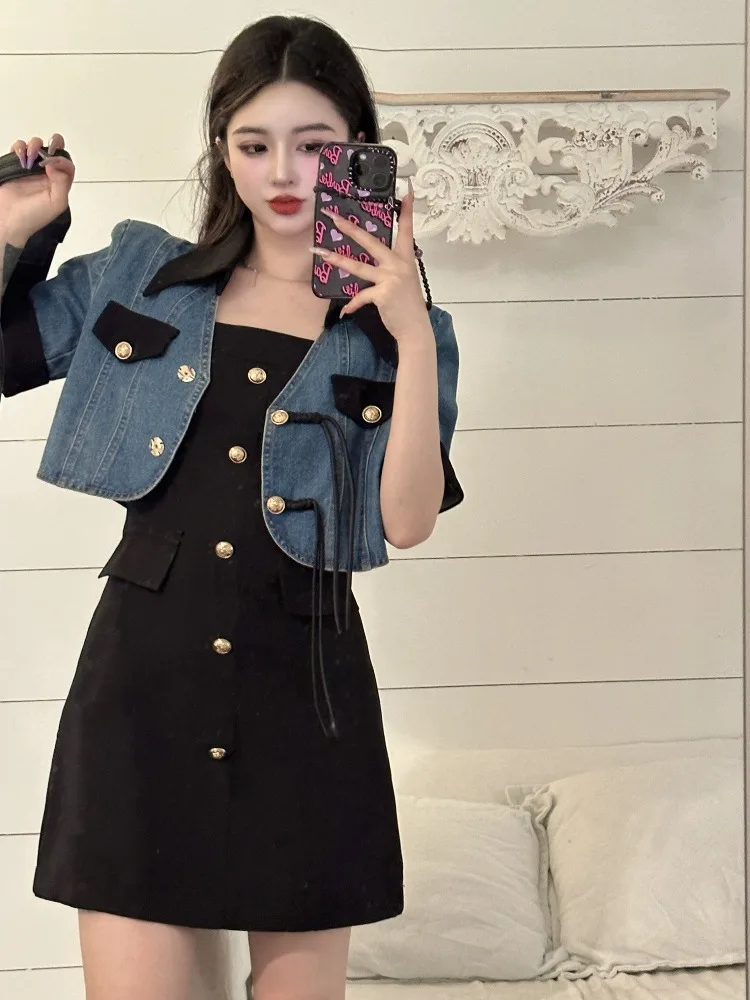 

plus Size Fashionable Retro Denim Short Outfit Women Summer Slimming Hidden Meat Dress Two Piece Set Collar High Waist A...