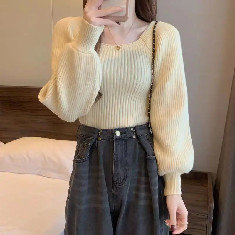 Square Neck Sweater for Women Loose Fit New Style with Bubble Sleeves Knitted Sweater Lantern Sleeves Base Shirt Top for Women