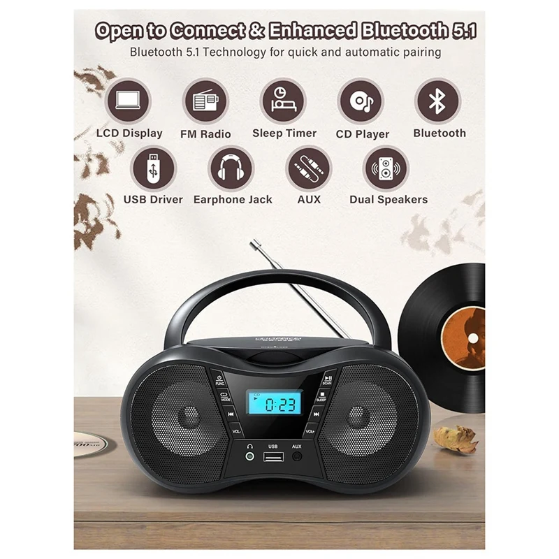 أفضل مشغل أقراص مضغوطة محمول بلوتوث Boombox مشغل أقراص مضغوطة AM/FM راديو ستيريو، متوافق مع راديو CD/CD-R/RW للمنزل