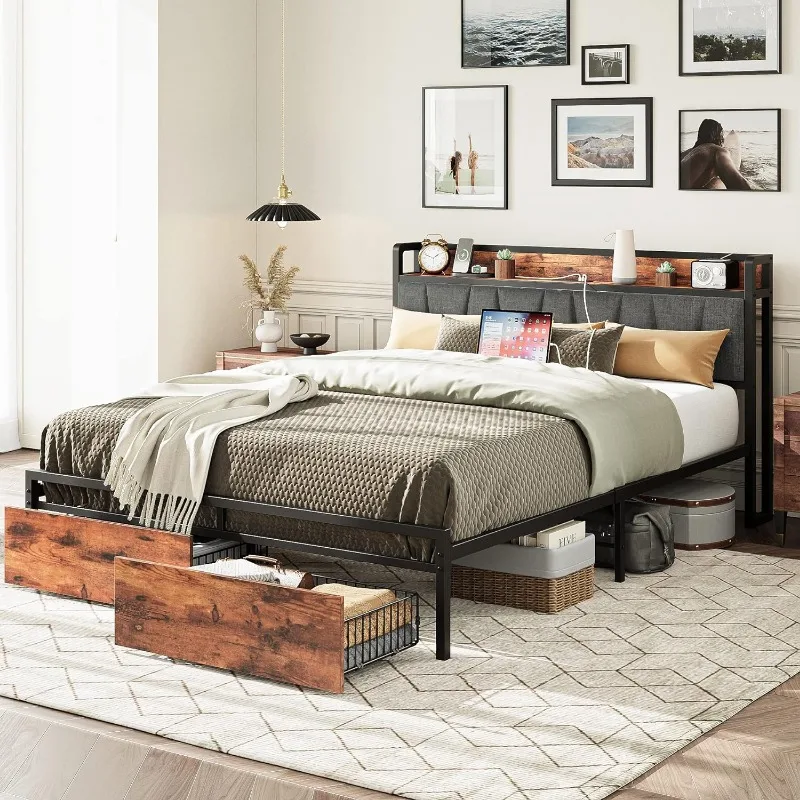 King Size Bed Frame, Storage Headboard with Charging Station, Platform Bed with Drawers, No Box Spring Needed