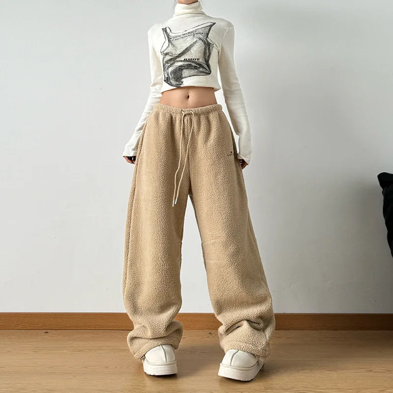 النساء القطبية الصوف السراويل 2025 الشتاء المرأة صوف مبطن بنطال ذو قصة أرجل واسعة الكاكي سميكة الدافئة فضفاض بناطيل كاجوال