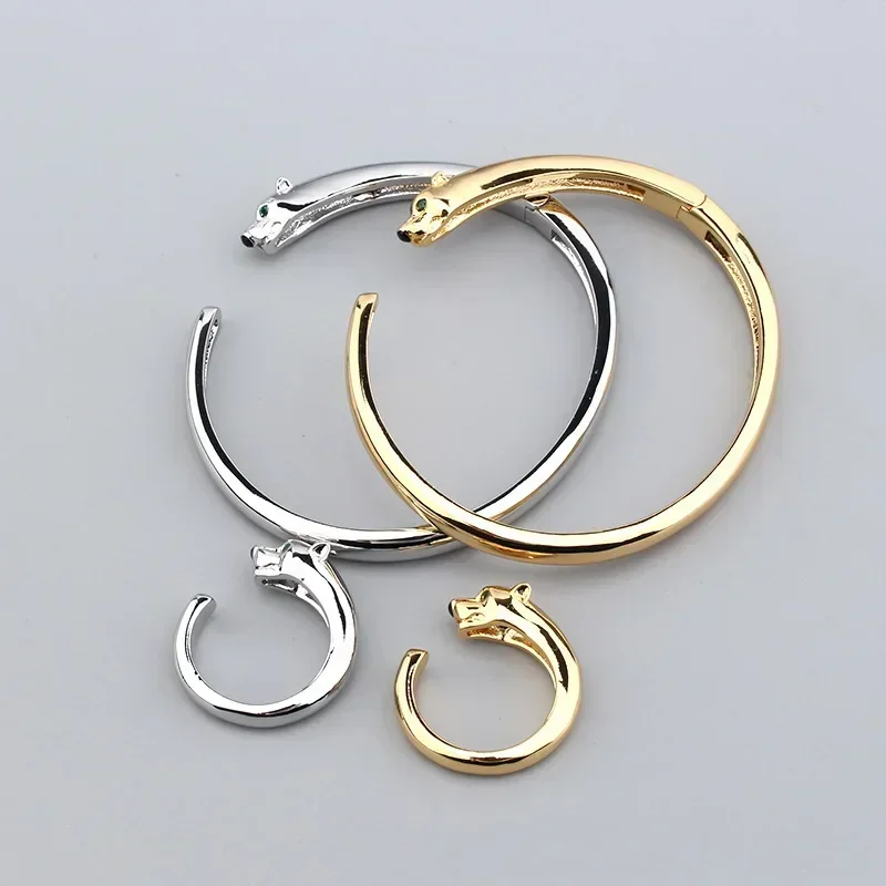 

Europe America Fashion Style Men Women Lady Plated Gold Color Inlay Cubic Zircon Green Eyes Leopard Open Ring Bracelet
