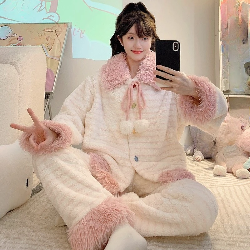 

M-5XL Plus Size Winter Flannel Pajama Set Women Winter Warm Coral Fleece Home Clothes Thickened Long-sleeved Cardigan Loungewear