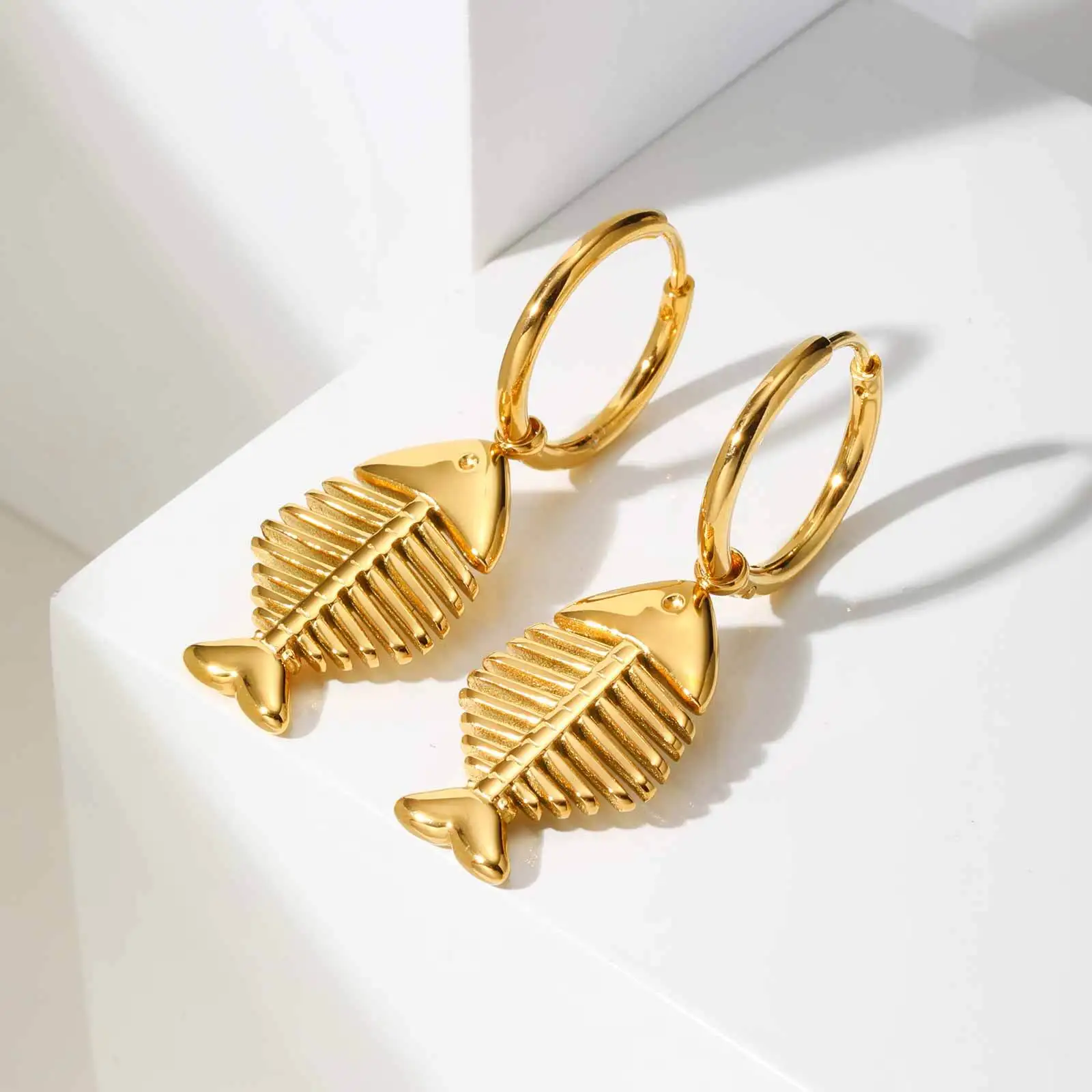 Asymmetric Fish Bone Dangle Earrings, Anti Allergy Stainlesss Steel Ocean-inspired Drop Earring Waterproof Summer Jewelry