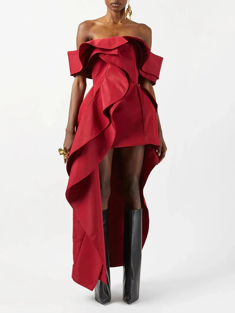 

Sexy Strapless Ruffles Patchwork Split Long Dress Women Red Sleeveless Backless Irregular Ruffled Slim Dresses Evening Party