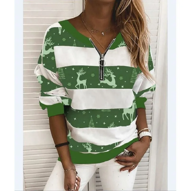 เสื้อสเวตเชิ้ตแขนยาวพิมพ์ลายคริสต์มาสคอวีมีซิปแฟชั่นสำหรับผู้หญิง