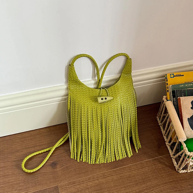 Long Tassel Horn Button Crossbody Shoulder Bag,bohemian Women Sling Bag,summer Fringed Woven Lightweight Handbag,commute Purse view 6