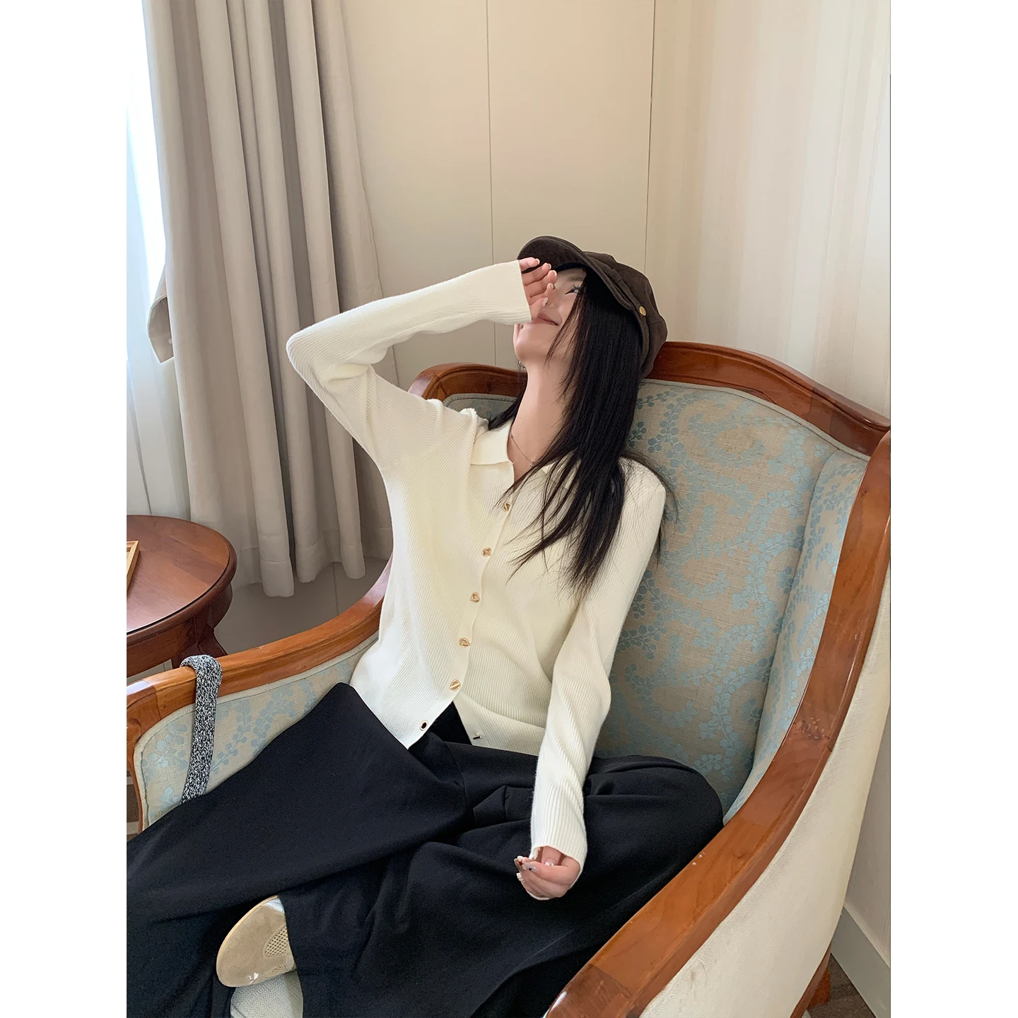 Knitted Sweater Women Cardigans New Long Sleeve Turn Down Collar Black Knit Sweater Cardigan Women Tops Sueters De Mujer Q1421