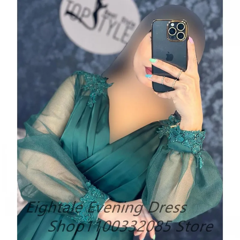 Customized Long Sleeve A Line Plus Size Abaya Evening Dresses Appliqued Beaded Side Slit Prom Dresses Dubai Formal Party Gown