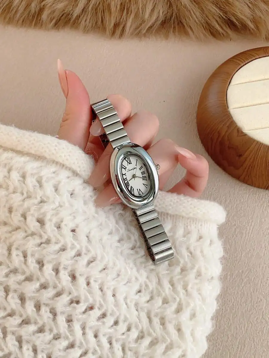 1pc Oval Bamboo Texture Strap Women's Watch, Gold Adjustable Strap, Elegant & Versatile Quartz Wristwatch, Suitable For Daily