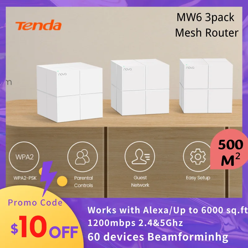 

Tenda MW6 AC1200 Mesh WiFi Router 2.4&5Ghz Gigabit Router Tenda Mesh Router Dual band WIFI range Extender Up to 500m² coverage