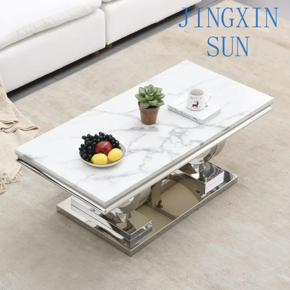 Luxury Fashion White Marble Center Table Faux Marble Coffee Table for Living Room with Silver Pedestal Base Cocktail Table