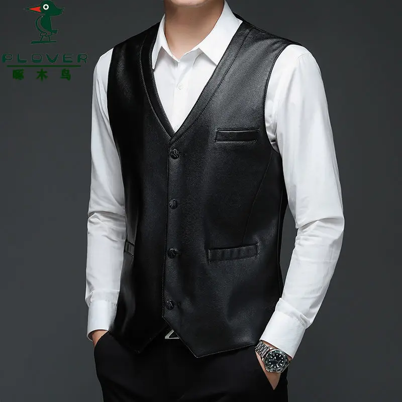 

Men 2023 Autumn Winter Fashion Real Cowhide Vestmale Genuine Leather Warm Waistcoat Men Single Breasted Sleeveless Coats U152