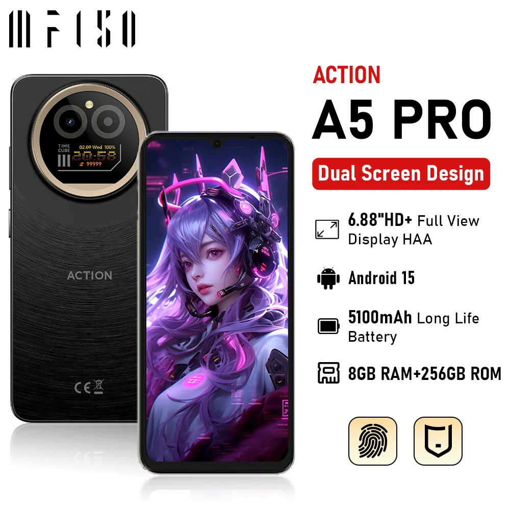IIIF150 Action A5 Pro Smartphone 5G Dual Screen Design 6.8‘’ HD+ HAA Display 5100mAh Telephone Portable 8GB+256GB Android Phone