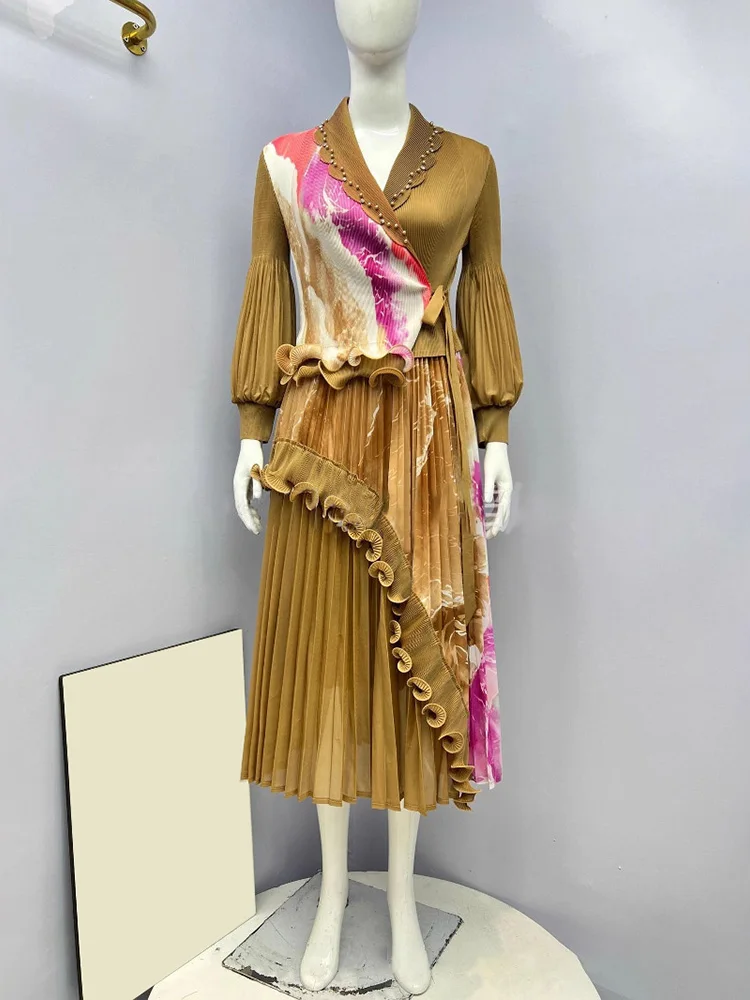 EGRM ใหม่ Miyake ชุดเดรสทรงเอจับจีบประดับด้วยลูกปัด Ruffled Panelling ‌   Spliced Design Loose Large Size with Stretch Prom Dresses 6R7195