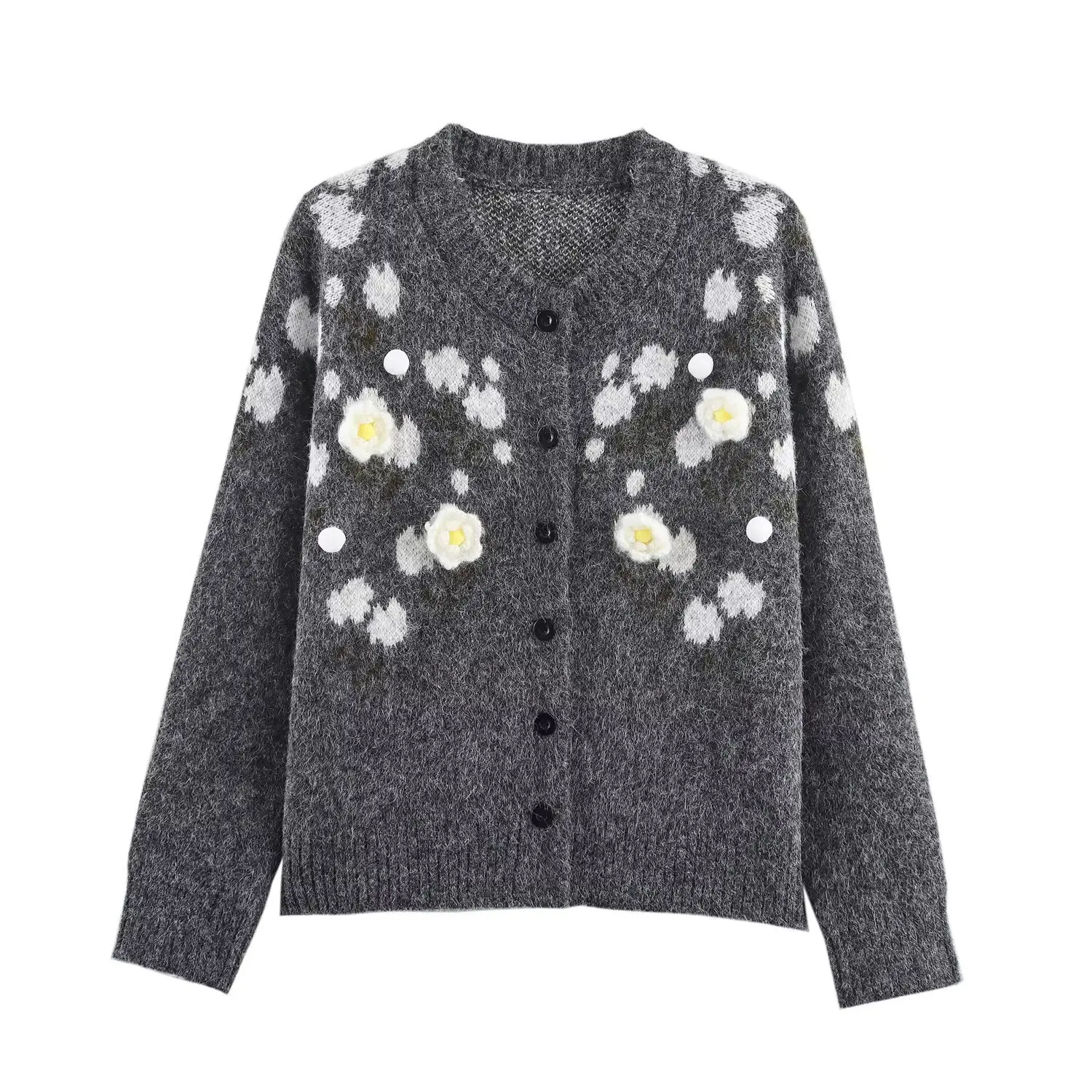 

Korean round collar three-dimensional flower embroidery knitted cardigan for women 2025 early autumn new sweet sweater jacket