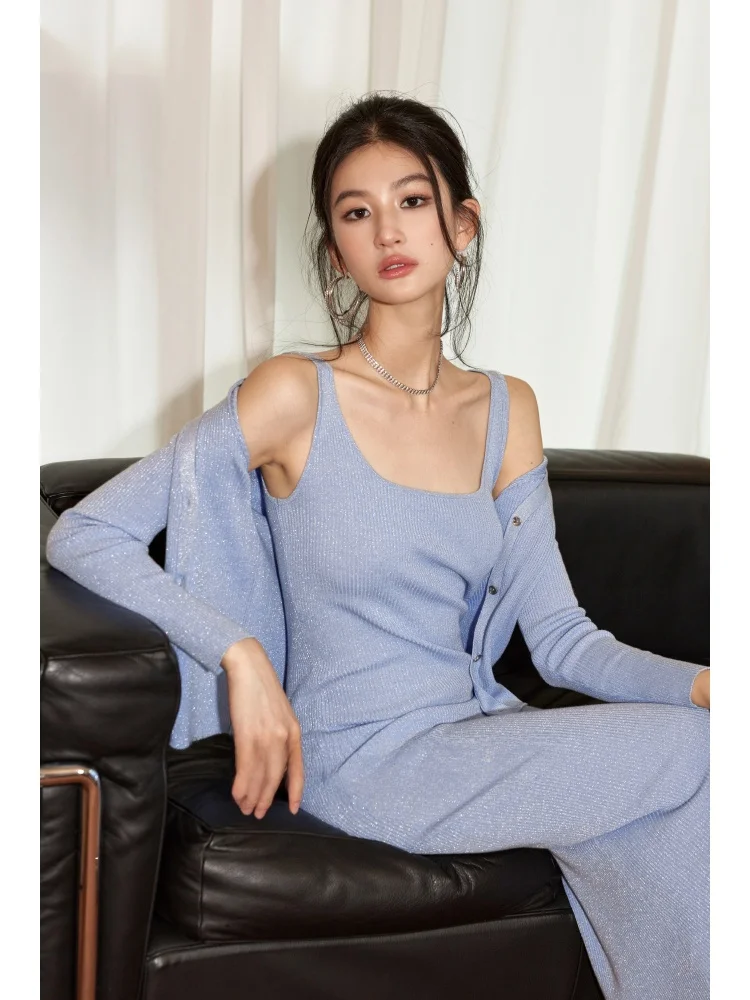 

WANGXO 48-Thread Silk-Lightened Wool Knitted Cardigan And Tube Dress Set Silky Smooth Silver Sparkle Slim Fit Fashion Set