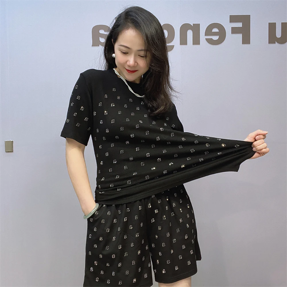 Letter Sequins Short Pant Sets For Women 2 Piece New In Matching Sets 2024 Summer Y2K Clothes O Neck Sleeve T Shirt Tops Outfits