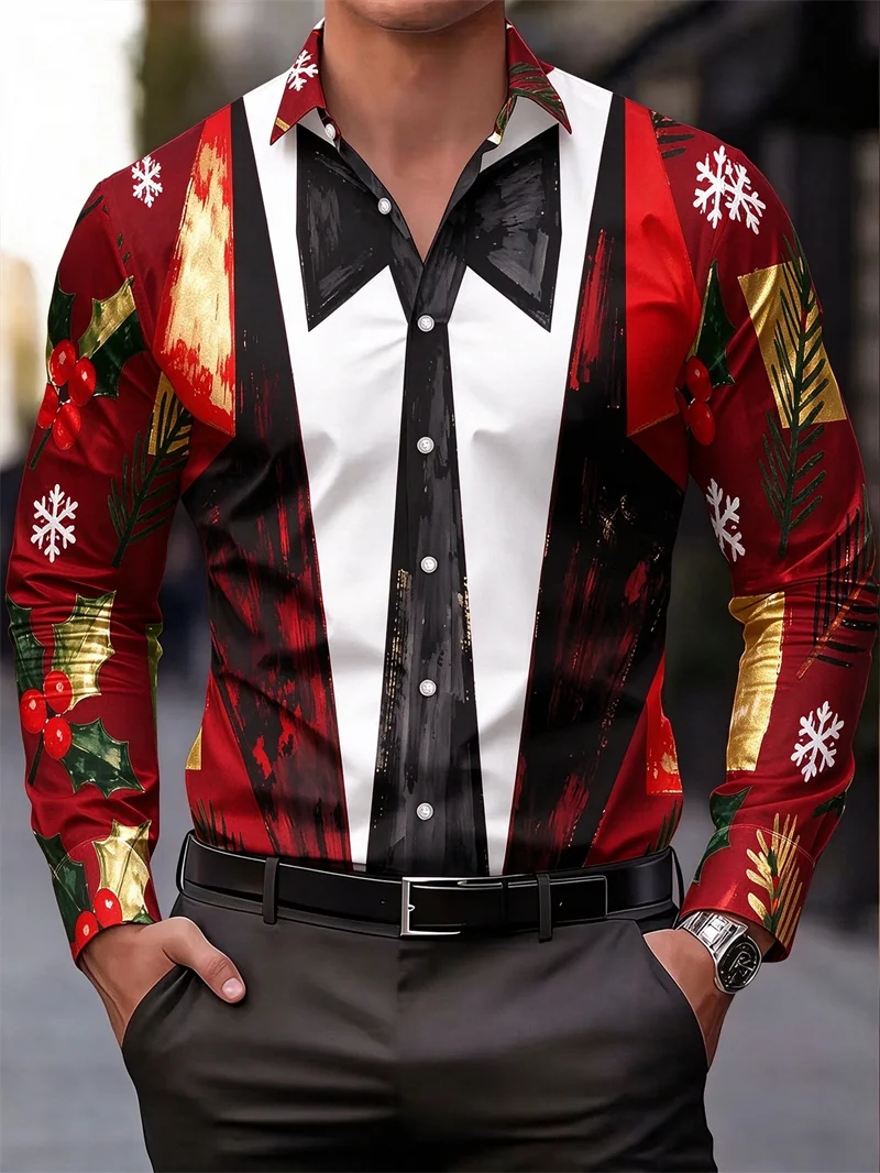 New men's Christmas long sleeved shirt in red, black, gold, holly fruit, snowflake tie, printed collar, holiday shirt
