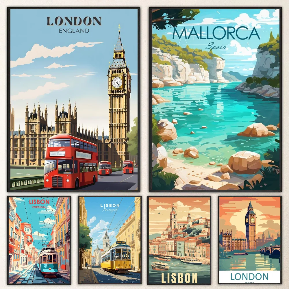 1pc Retro H-Holiday Travel City Lisbon London Tourism Poster Self-adhesive Art Waterproof Paper Sticker Wall Decor