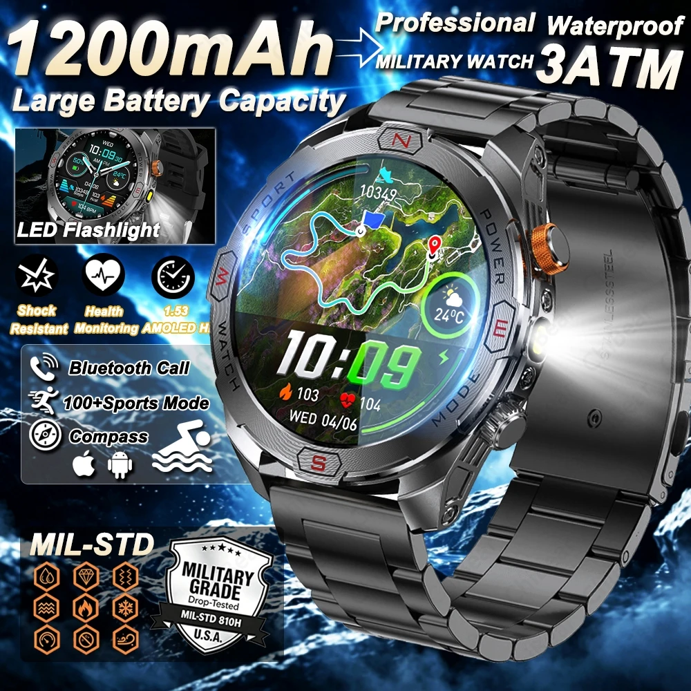 2026New Outdoor Compass SmartWatch Men 100+Sports Modes LED Flashlight AMOLED Screen Bluetooth Call 1200 mAh Battery Smart Watch
