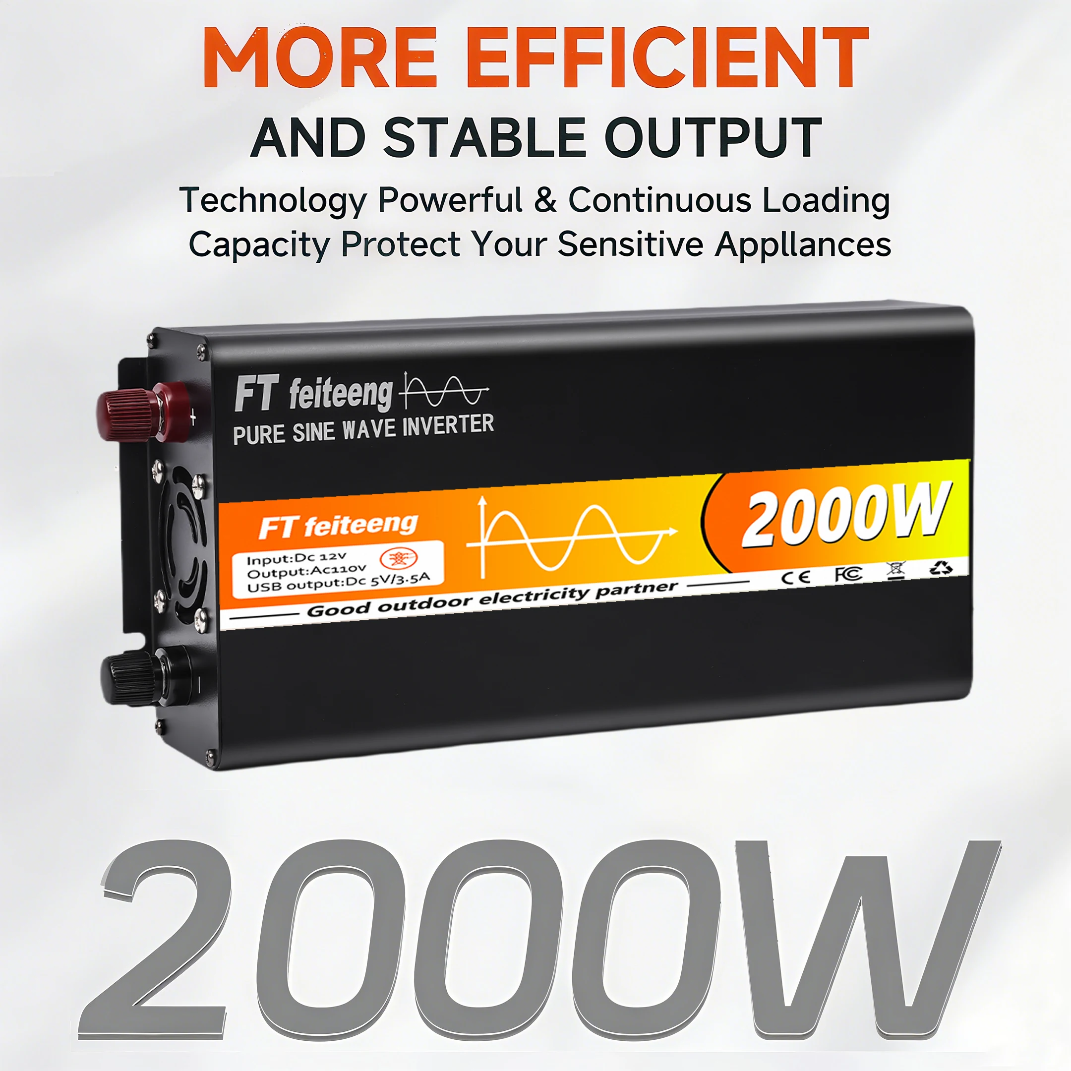 

FT feiteeng 2000 Вт/1500 Вт/1000 Вт Инвертор мощности чистой синусоиды от 12 В до 110 В с вилкой стандарта США — для автофургонов, кемпинга и домашнего резервного копирования
