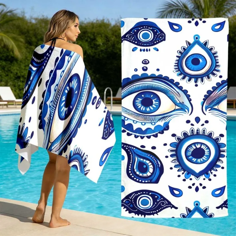 Striped Marine Starfish Style Blue White Vertical Stripe Watercolor Orange Starfish Print Quick Dry Vacation Beach Towel