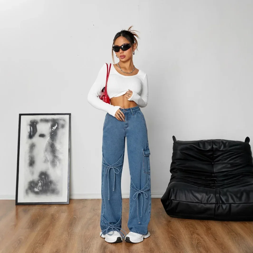 Dżinsy Damskie Denim Proste Szerokie Nogawki Spodnie 2025 Streetwear Guziki Kieszenie Średni Stan Sznurowane Kokarda Sprane Postarzane Spodnie
