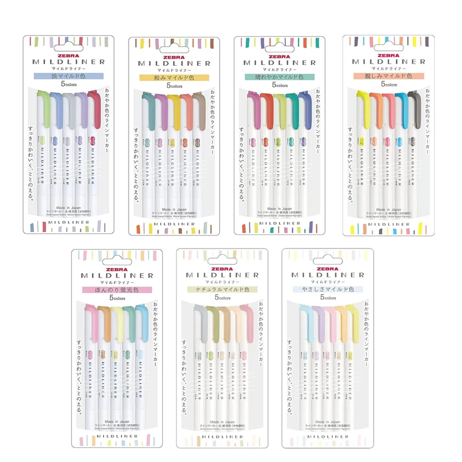 Japoński marker wodny ZEBRA Mildliner Highlighter WKT7, zestaw 5 kolorów pastelowych, naturalnych, delikatny, z podwójną końcówką do podkreślania. — zdjęcie produktu 7