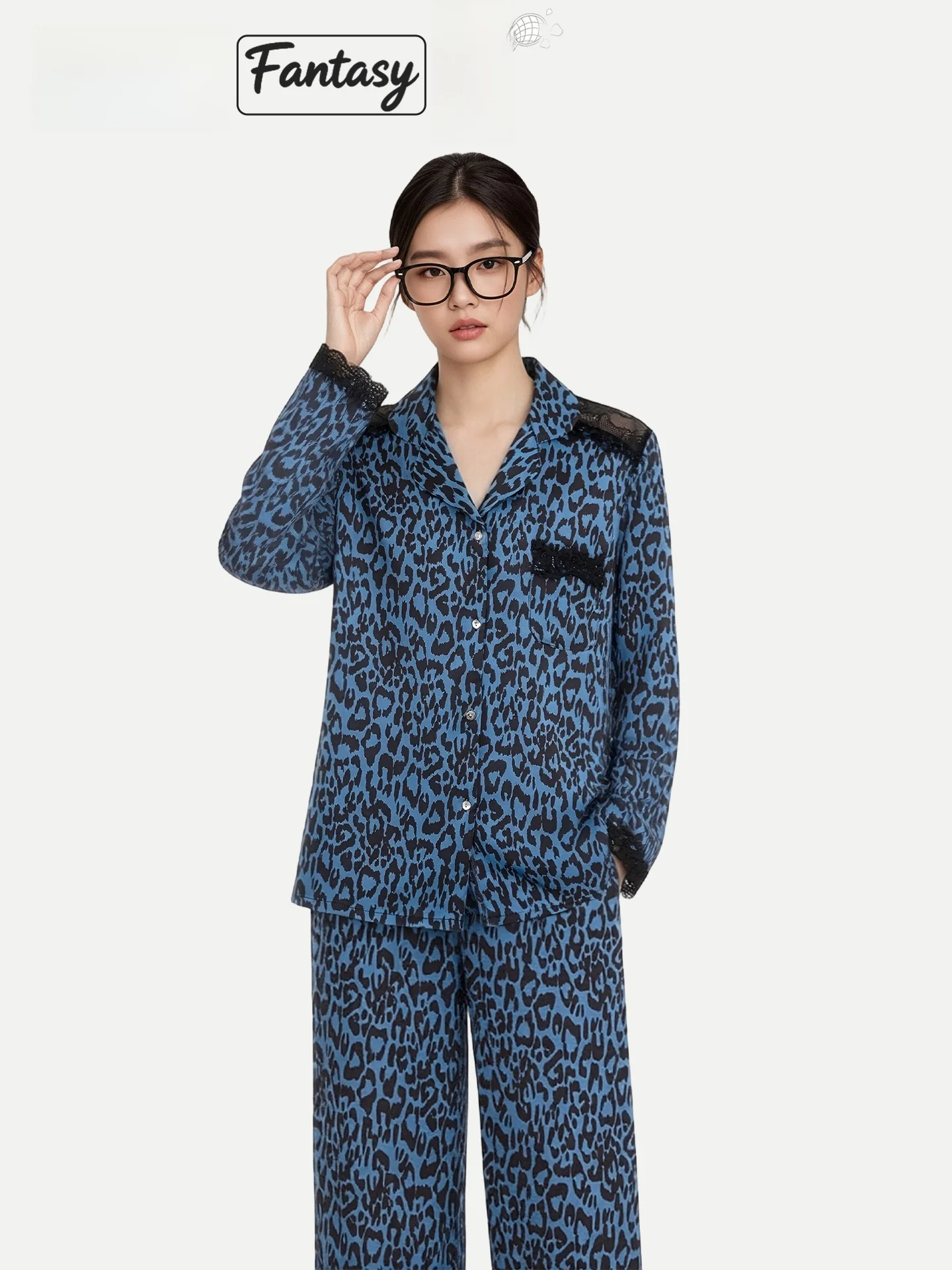 PinkBread Lace Shoulder Ice Silk Long Sleeve Leopard Print Sleepwear Home Clothes for Women Soft Polyester Spandex Blend