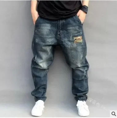 Hip Hop Mens Jeans Mid Waist Harem Pants Loose Medium Zipper Fly Full Length Little Feet Ripped Jeans for Men