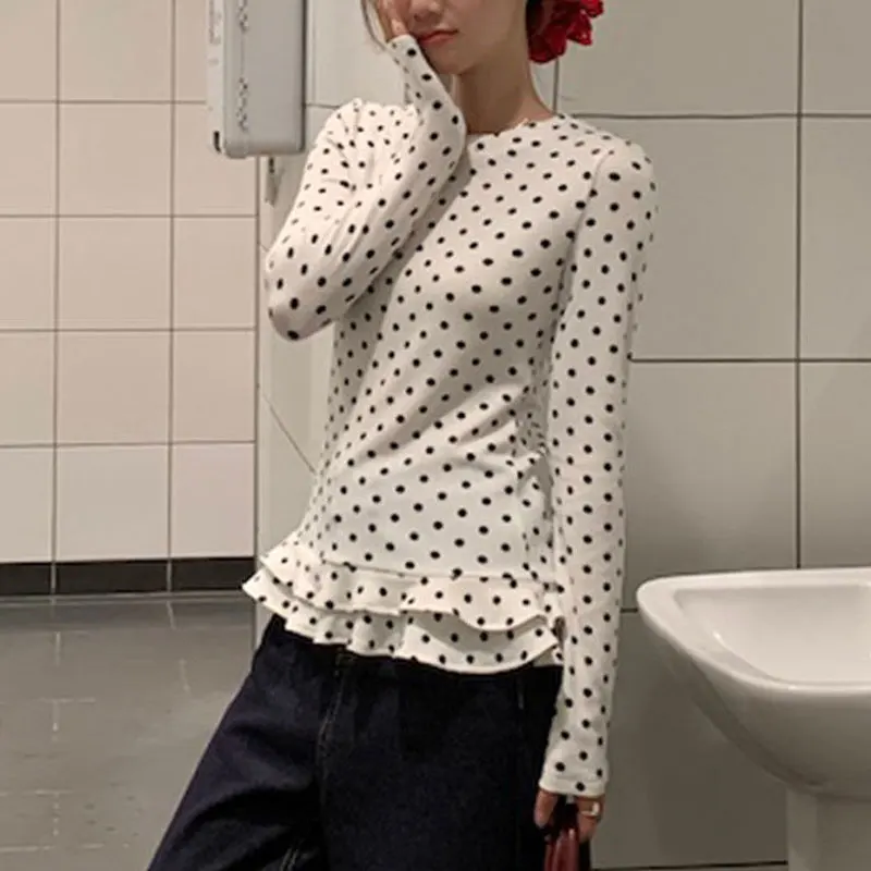 Doce bolinhas manga longa camisetas primavera outono elegante dobras emendadas roupas femininas casual em torno do pescoço básico fino pullovers