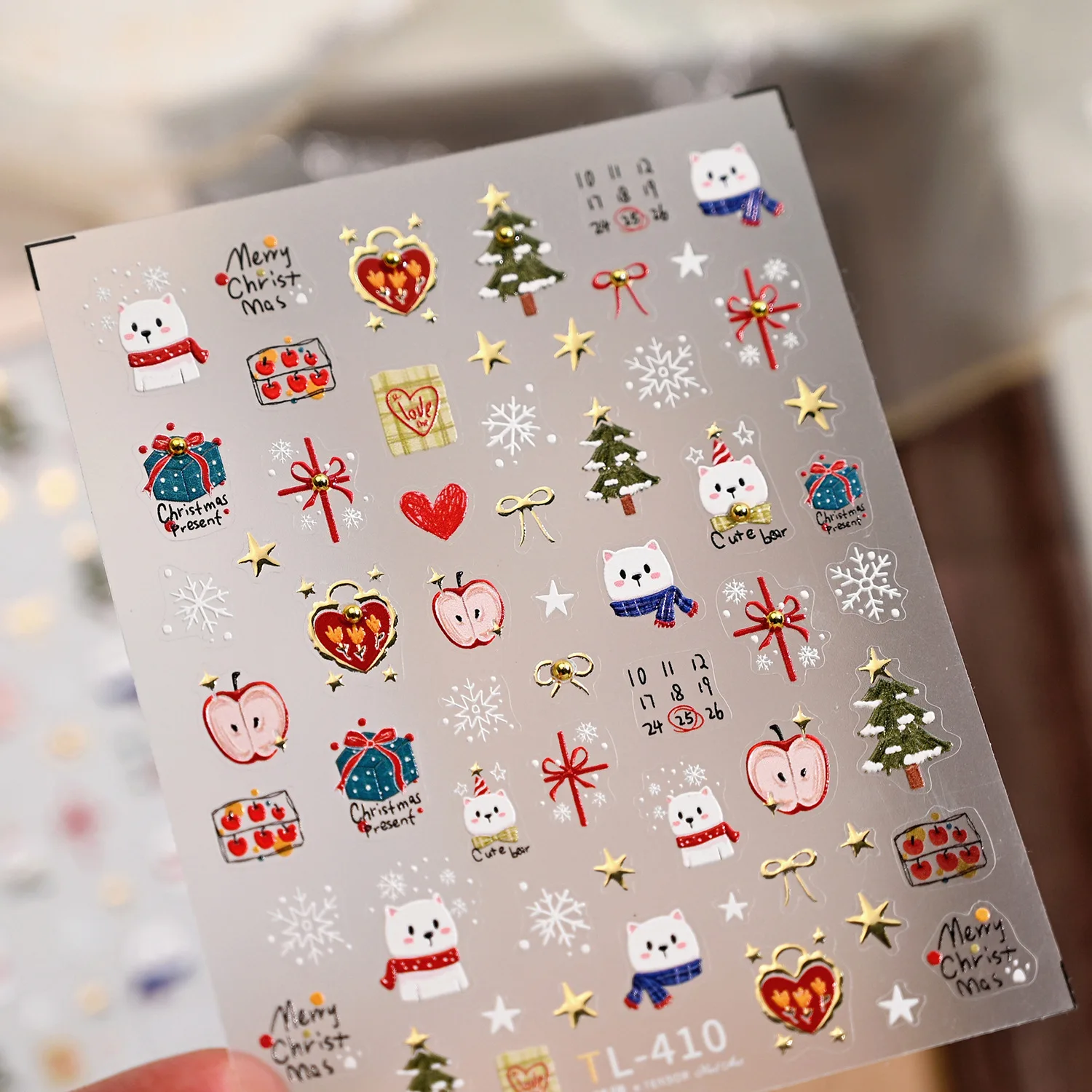 Cute Christmas Nail Art Decorations Stickers 5D Gold Star Bows Cartoon Bear Nail Stickers DIY New Year Kawaii Accessories Decals