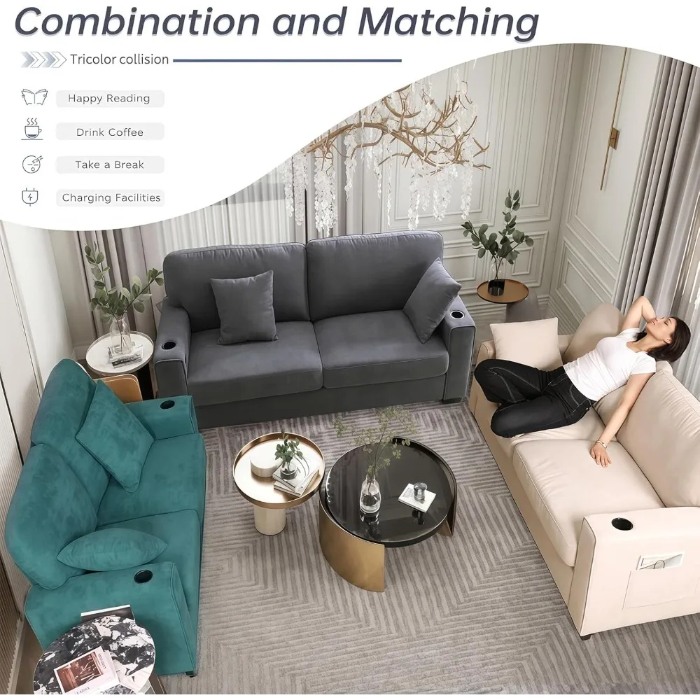 Sofás pequeños de 62" para espacios pequeños, sofá de apartamento Loveseat con carga USB/tipo C y 2 portavasos