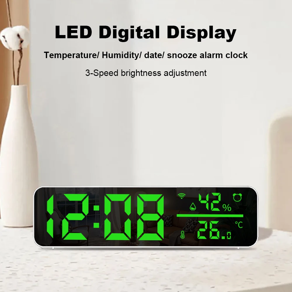 Tuya WiFi Temperature Humidity Sensor Support Time Alarm Clock Display USB Desktop Mirror LED Clocks for Living Room Decoration