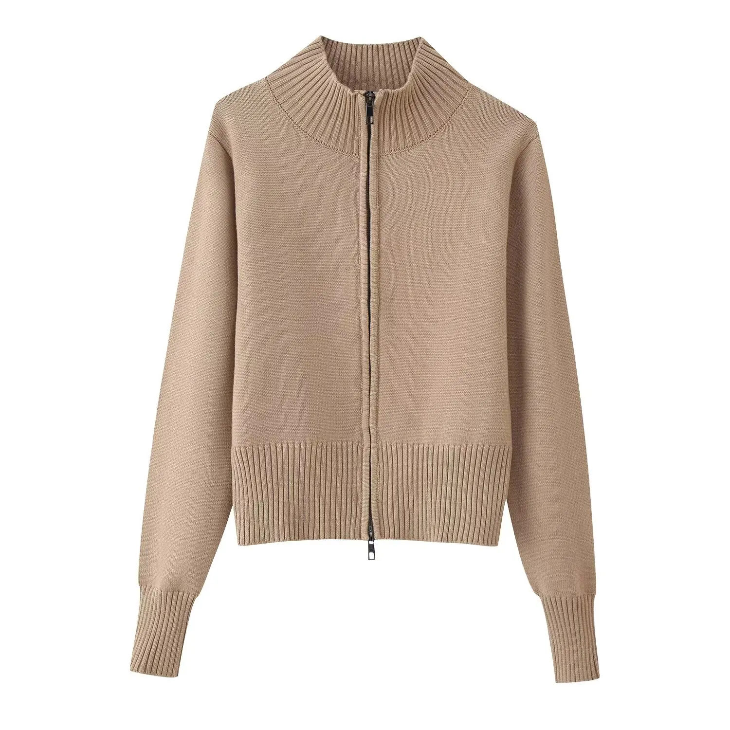 

Autumn and winter new women's fashion versatile stand up collar long sleeved short zipper knitted cardigan sweater jacket