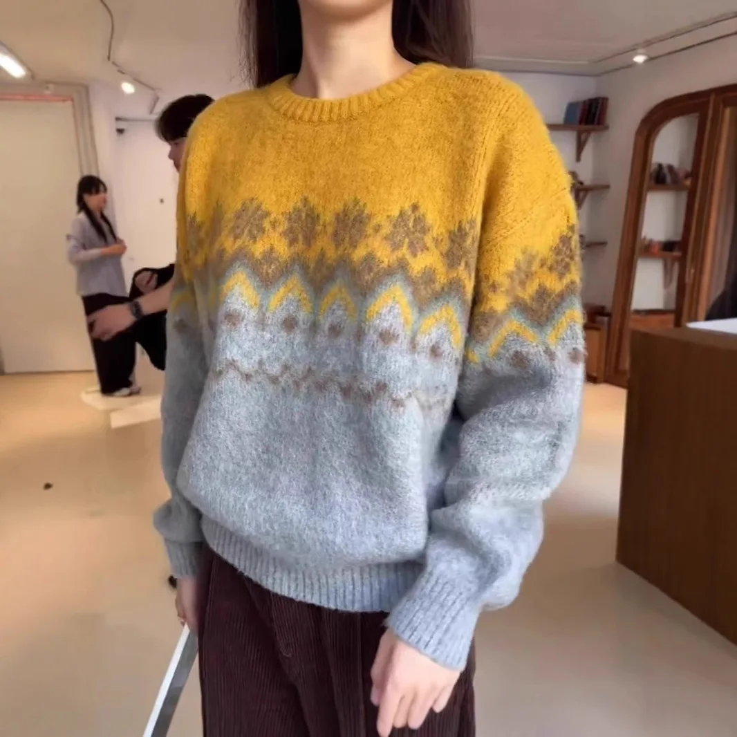

Women Pullovers Sweaters Knitted Jumpers Color Block Round Neck Long Sleeves Loose Slight Strech Office Lady Casual 2025 Autumn
