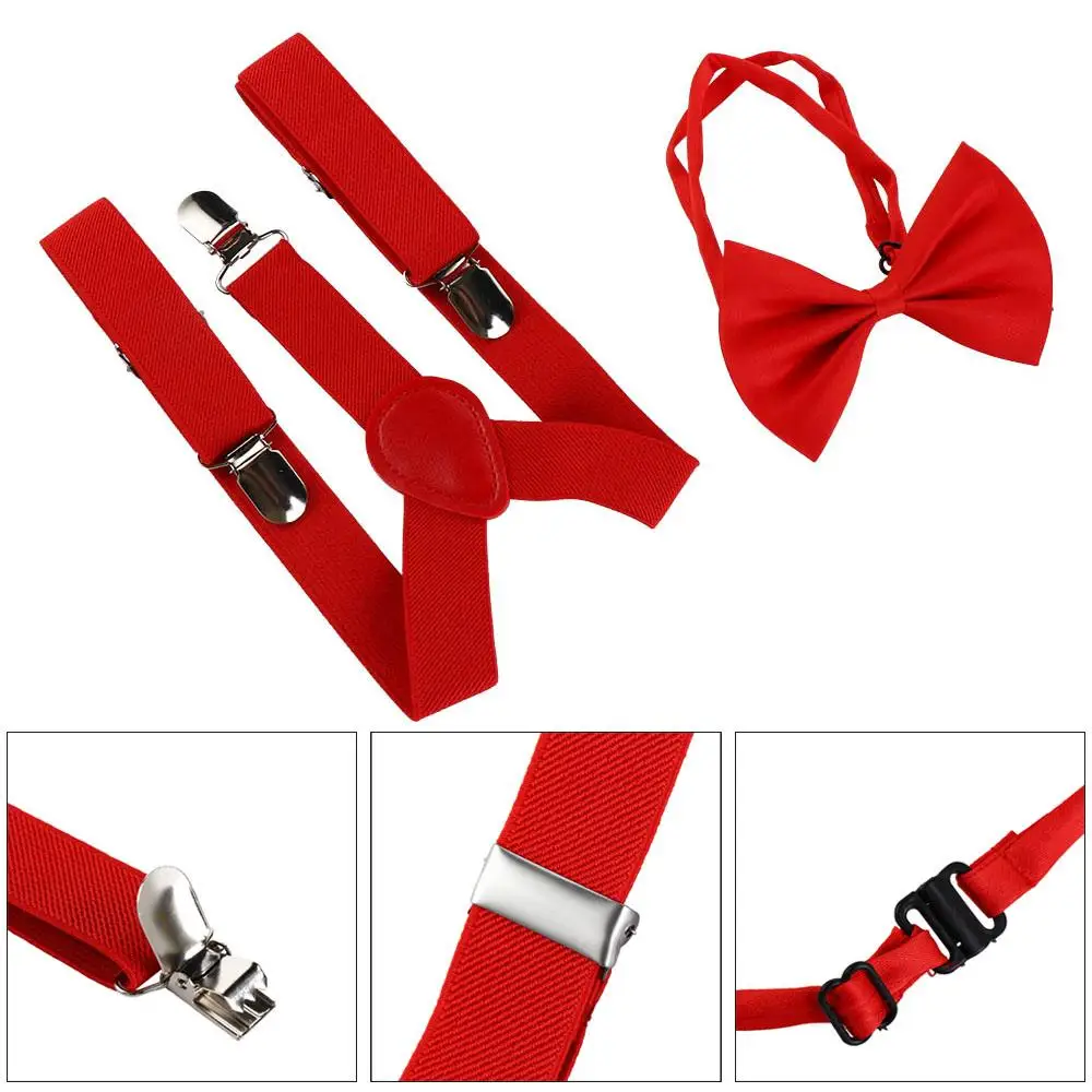 Desempenho de moda para meninos para meninas cinta cor sólida gravata borboleta pendurado calças clipe gravata suspensórios conjunto suspensórios clipes