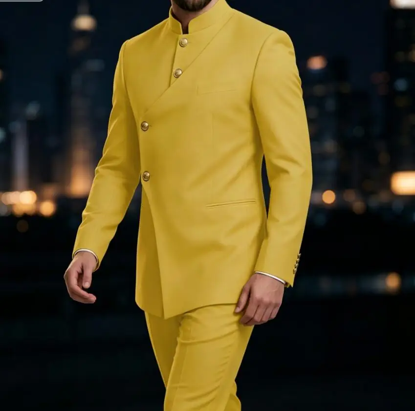 Chinese Style Suits for Men 2 Piece Sets Tunic Suits Slim Fit Safari Suits for Men Mandarin Collar Suit Blazer Pants Set