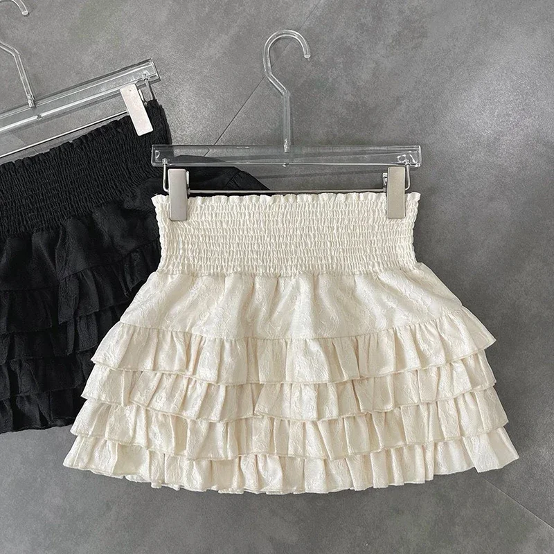 Minifaldas con volantes para mujer, ropa de calle de cintura alta Kawaii, falda de línea A de encaje, vestido de baile negro, moda coreana, Verano