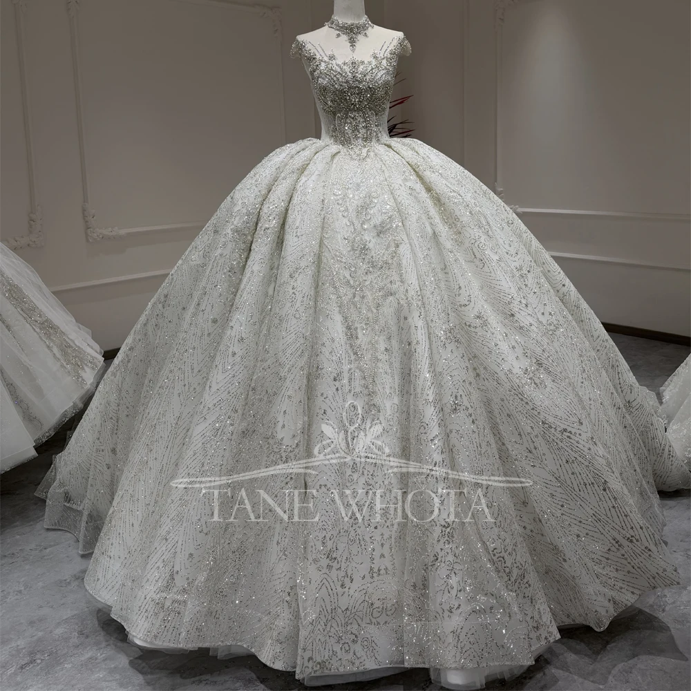 

Customizable Sequined Crystal High Cap Sleeve Lace-Up Keyhole Back Wedding Dress With Beading - Vestido Novia