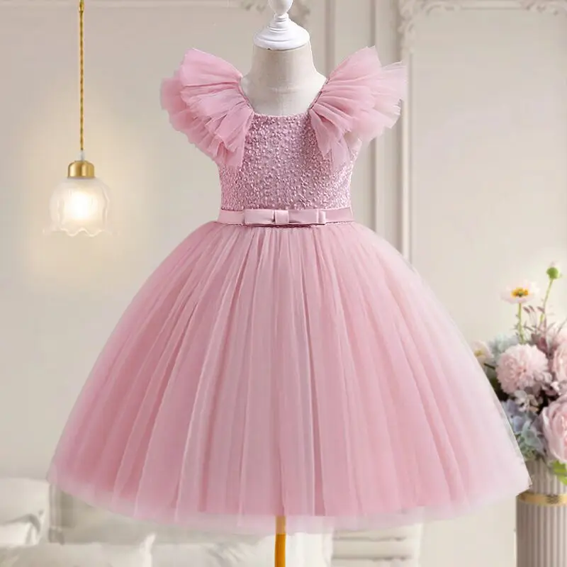 Flower Girl Dress for Wedding Sequined Elegant Birthday Party Prom Gown Princess Tulle Kids Vestidos Children New Year Clothing