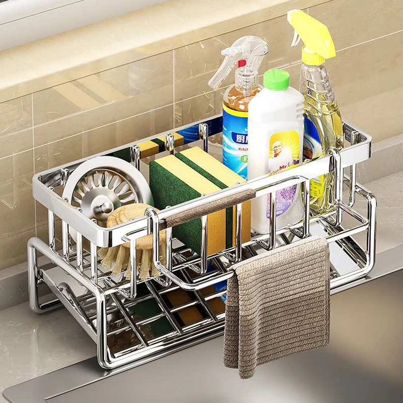 

Stainless Steel Kitchen Sink Drain Rack | Multifunctional Organizer for Sponge, Dishcloth & Dishwashing Supplies