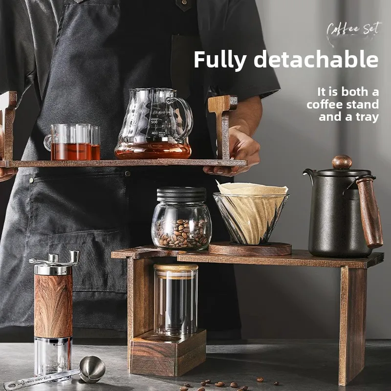 Hand brew coffee pot set Premium wooden stand Home coffee utensils Full set Hand grinder Hand grinder