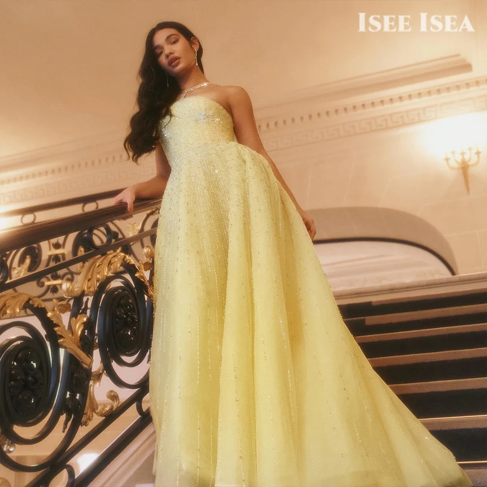 노란색 반짝이 이브닝 드레스 Strapless Crystals Gala 가운 사우디 아라비아 홀터 두바이 반짝 이는 공식 행사 드레스 맞춤형