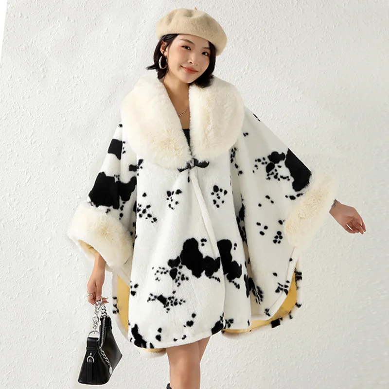 5 Women Overcoat Cardigan Cloak Winter Thick Faux Fur Triangle Neck Coat Batwing Sleeve Leopard Printed Long Warm Poncho Cape