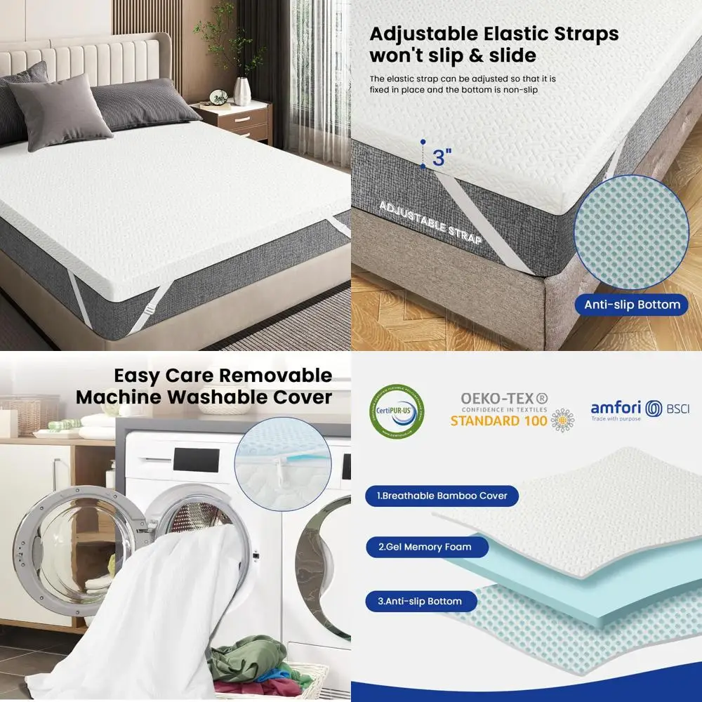 

3 Inch Gel Memory Foam Mattress Topper Queen, Cooling Mattress Topper with Removable & Washable Bamboo Cover, CertiPUR-US Certif