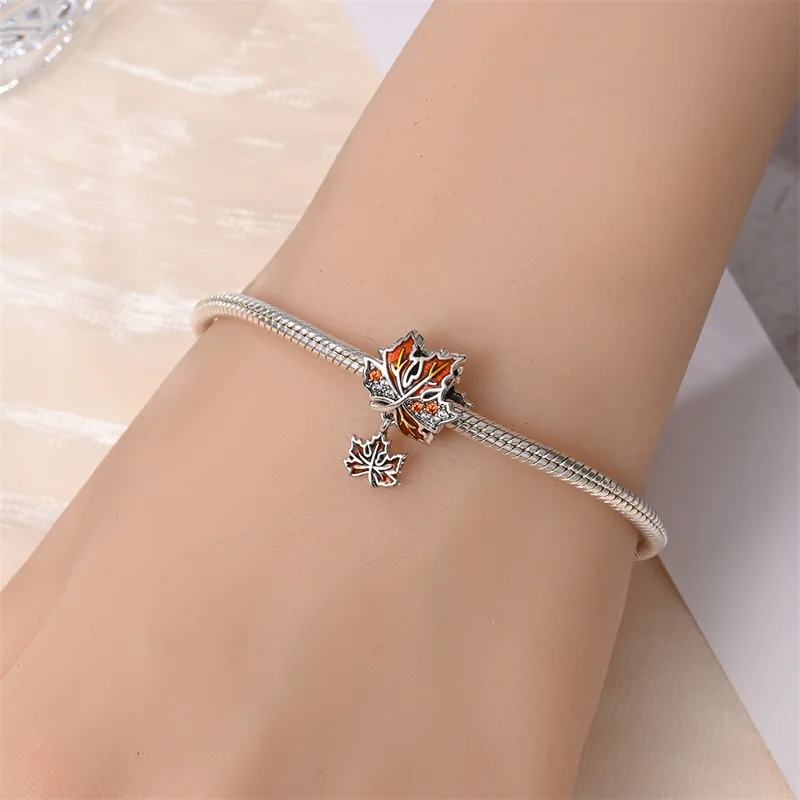 Herbstserie aus 925er-Sterlingsilber, braune Ahornblätter, Vogelscheuche, Eichhörnchen, Kürbis-Charms, Perlen, passend für Pandach-Armbänder, DIY-Schmuck – Detail 3